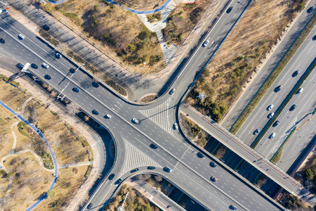 Aerial view of highway and road junction in city of China.の写真素材