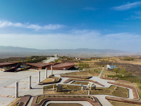 Aerial view of the arid landscape with a lot of buildingsの写真素材