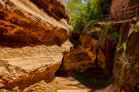 Hiking trail in sandstone cliffs in Zion National Park, Utah
