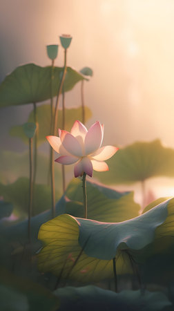 Blooming lotus flower in the pond with morning sunlight and shadow.の素材