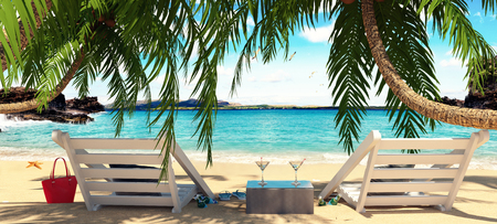 Two chairs under the palm trees with beautiful view of the sea 3D Renderの写真素材