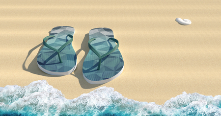 Blue sandals on the sparkly beach sand 3D Renderの写真素材