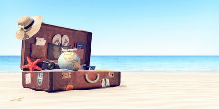 Getting ready for summer holidays - Leather suitcase with travel accessories 3D Renderingの写真素材
