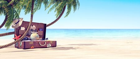 Getting ready for summer holidays - Leather suitcase under a palm tree 3D Renderingの写真素材