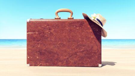 Leather suitcase on the beach, travel background 3D Renderingの写真素材