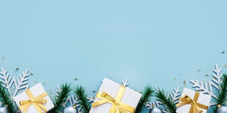 Blue Christmas background decorated with white gifts and snowflakes 3D Renderingの写真素材