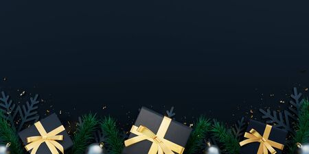 Black Christmas background decorated with gifts and snowflakes 3D Renderingの写真素材