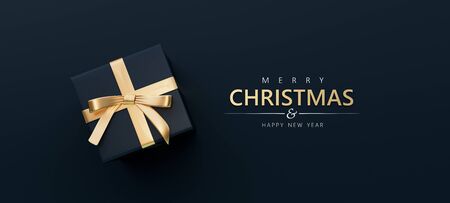 Black gift box with golden bow on black background with Merry Christmas and happy New Year inscription 3D Renderingの写真素材