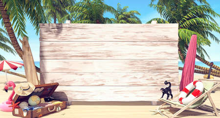 Empty white wooden board on the beach, Summer time background 3D Renderingの写真素材