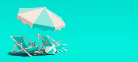 Two beach chairs with parasol on turquoise summer background 3D Renderingの写真素材