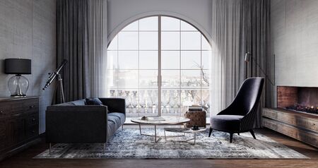 Modern living room interior design with terrace 3D Renderingの写真素材