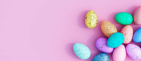 Bunch of colorful eggs on a pink Easter background 3D Renderingの写真素材