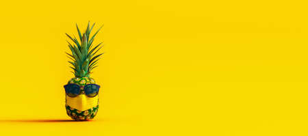 Pineapple with sunglasses and medical protective mask on yellowの写真素材