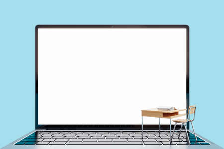 School desk on laptop with white empty mock up screen on blue background. Online education and webinar concept 3D Rendering, 3D Illustrationの写真素材