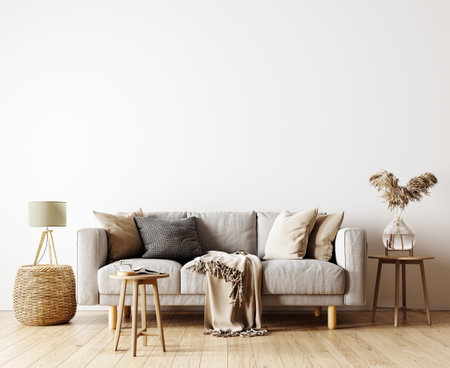 Modern interior design of living room in natural colors with dry plants decoration and empty white mock up wall background 3D Rendering, 3D Illustrationの写真素材