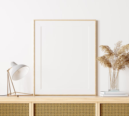 Modern interior design in natural colors with dry plants decoration and empty white mock up picture frame 3D Rendering, 3D Illustrationの写真素材