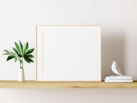 Empty white mock up picture frame on wooden shelf with green plant decoration 3D Rendering, 3D Illustrationの写真素材
