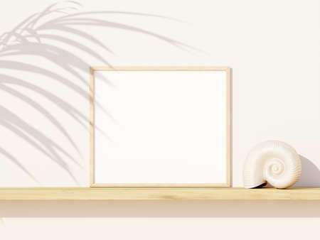Empty white mock up picture frame on wooden shelf with green plant decoration 3D Rendering, 3D Illustrationの写真素材