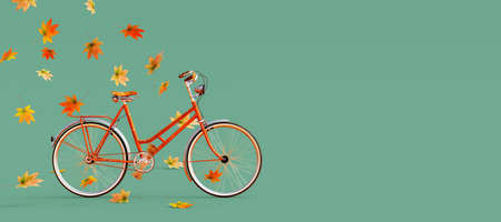 Orange bicycle arriving with falling dry leaves on green background. Autumn is coming concept image 3D Rendering, 3D Illustrationの写真素材
