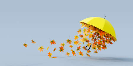 Yellow umbrella flying with colorful autumn leaves on gray background 3D Rendering, 3D Illustrationの写真素材