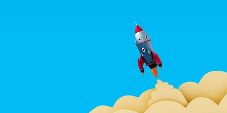 Toy rocket launching on blue background. Business leader and winner concept 3D Rendering, 3D Illustrationの写真素材