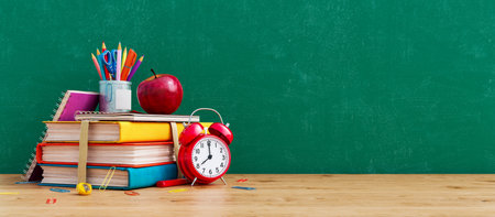 Ready for school concept background with books, alarm clock and accessory 3D Rendering, 3D Illustrationの写真素材