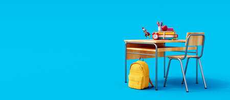 School desk with school accessory and yellow backpack on blue background 3D Rendering, 3D Illustrationの写真素材