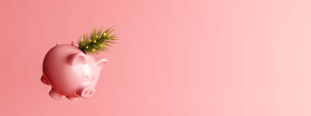 Piggy bank with christmas tree on pink background. 3d illustrationの写真素材