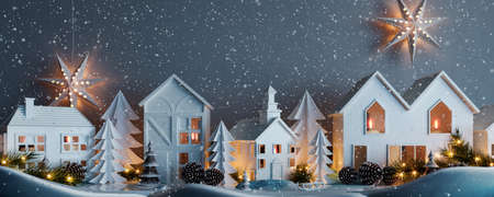 Winter landscape with houses and christmas lights. 3D illustration.
