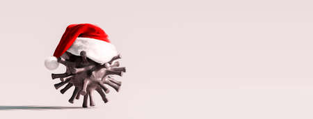 Coronavirus COVID-19 in Santa Claus hat. 3D illustrationの写真素材
