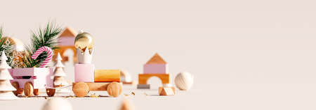 Wooden toys in the form of houses on a beige background.の写真素材