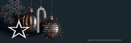 Shiny Christmas balls and decoration with Merry Christmas and Happy New Year text on black background 3D Rendering, 3D Illustrationの写真素材