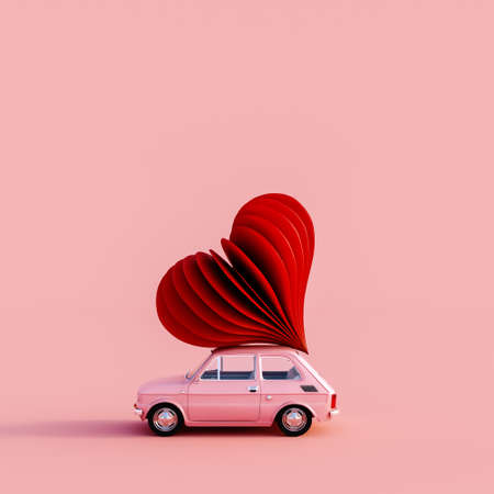 Old pink car with red heart on the roof on pink background 3D Rendering, 3D Illustrationの写真素材