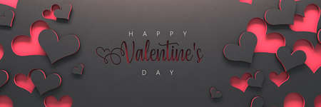 Valentine's day banner with red hearts on black background.の写真素材