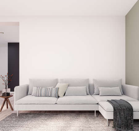 Modern small living room interior with empty white wall background 3D Rendering, 3D Illustration