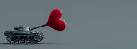 Armored military tank firing a huge red heart. Peace concept on gray background 3D Rendering, 3D Illustrationの写真素材