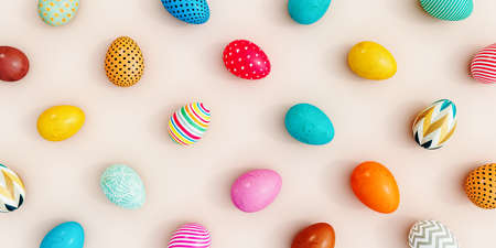 Top view on variety of colorful Easter eggs on beige background 3D Rendering, 3D Illustrationの写真素材