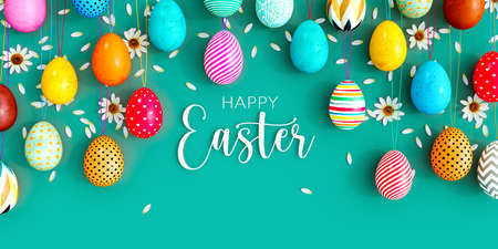 Variety of colored eggs with white flowers decoration and Happy Easter text on turquoise blue background 3D Rendering, 3D Illustrationの写真素材