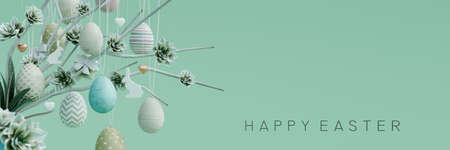 Pastel colored eggs with Happy Easter text on green spring background 3D Rendering, 3D Illustrationの写真素材