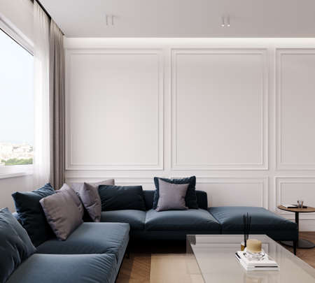 Modern interior design of living room with dark blue sofa and white empty wall background 3D Rendering, 3D Illustrationの写真素材