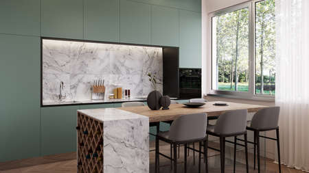Modern green kitchen interior design with white marble details 3D Rendering, 3D Illustrationの写真素材
