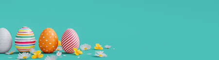 Variety of colored eggs with white flowers decoration on turquoise blue background 3D Rendering, 3D Illustrationの写真素材