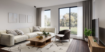Modern living room interior design with white sofa and beautiful backyard view 3D Rendering, 3D Illustrationの写真素材