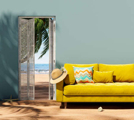 Interior on the sand beach with yellow sofa and open white door looking at sea. Vacation at home concept. 3D Rendering, 3D Illustrationの写真素材