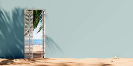 Opened door at the sand beach with sea view and empty wall background. Summer vacation concept. 3D Rendering, 3D Illustrationの写真素材