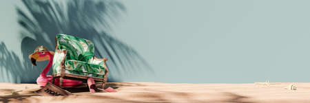 Armchair with pink flamingo on the beach. Vacation at home concept background 3D Rendering, 3D Illustrationの写真素材