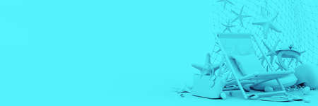 Blue monochromatic summer concept with beach chair and accessories on blue background 3D Rendering, 3D Illustrationの写真素材