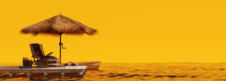 Deck chair and parasol on orange summer background 3D Rendering, 3D Illustrationの写真素材