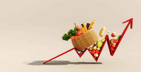 Food cost rising concept. Basket full of groceries and red arrow pointing up 3D Rendering, 3D Illustrationの写真素材