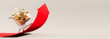 Food cost rising concept. Basket full of groceries and red arrow pointing up 3D Rendering, 3D Illustrationの写真素材